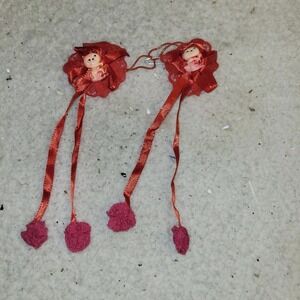 Vintage Red Satin Lace Hair Clips Kitty Charm Ribbon‎ Barrettes Set